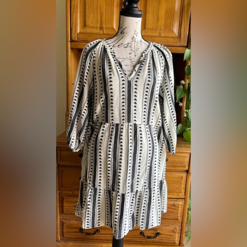 Evereve Black White Geometric Tribal Print Tiered‎ Mini Dress XS Cotton Boho